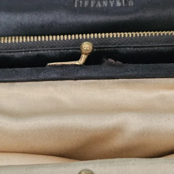 SIGHNED TIFFANY &CO ON BAG,8X8 INCH,BLACK SUEDE, GOLD FRAME STAMPED TIFFANY